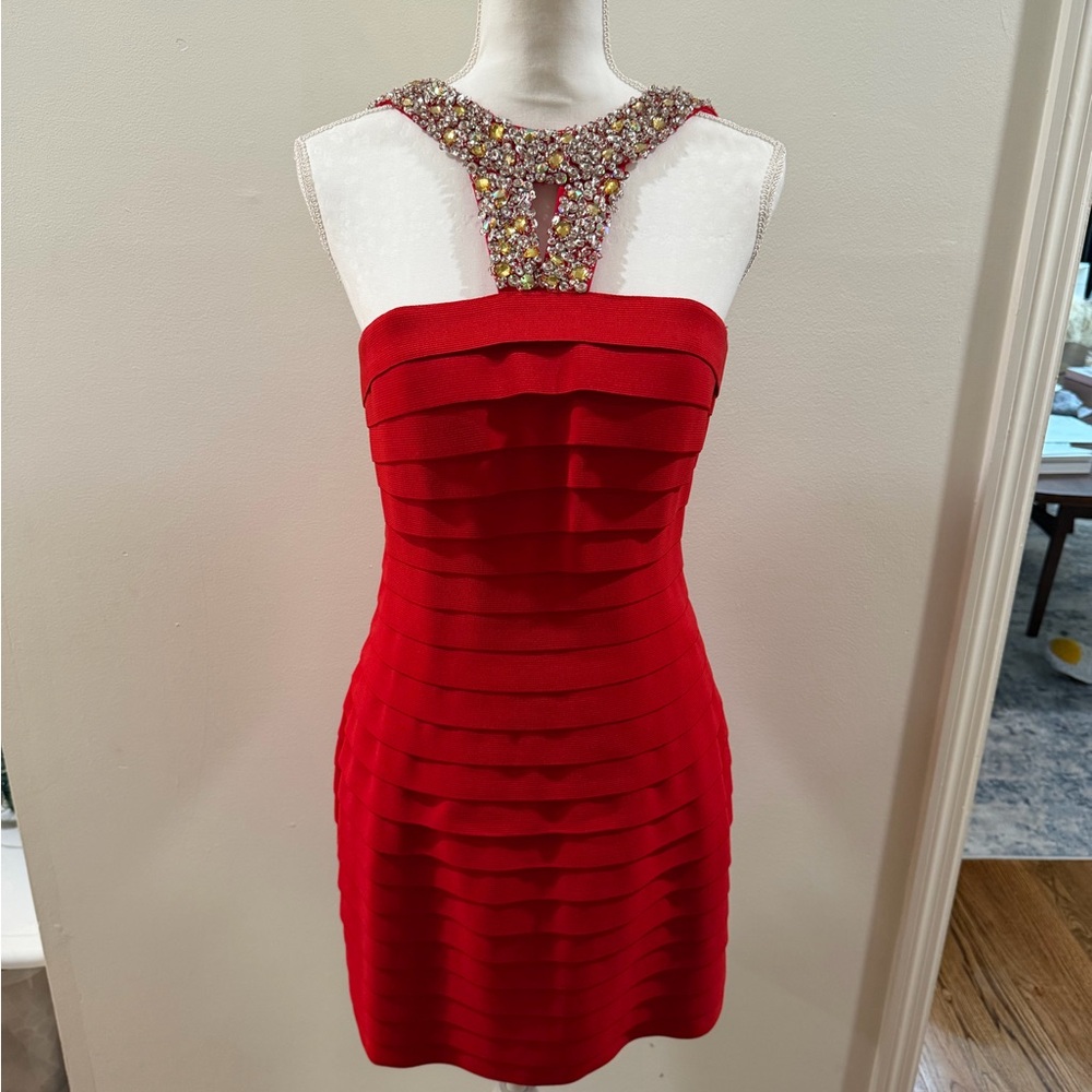 Red Beaded Halter Sheath Dress